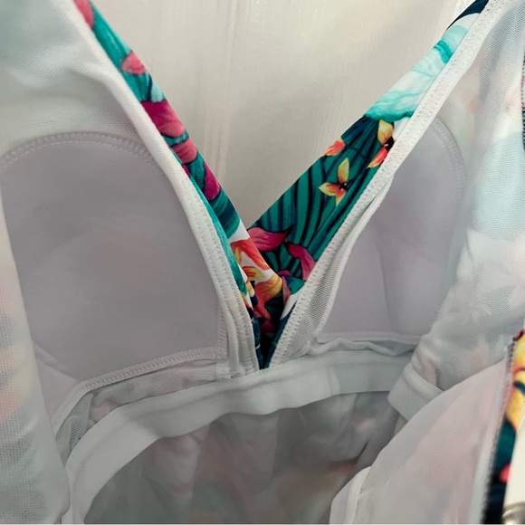 Tankini Halter Swim Tropical Floral Bathing Suit Top Teal Pink Yellow Size M - Picture 12 of 15